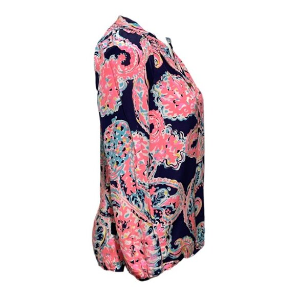 Lilly Pulizer XS Elsa Navy Paisley Print Long Sleeve Silk Blouse - Picture 3 of 7